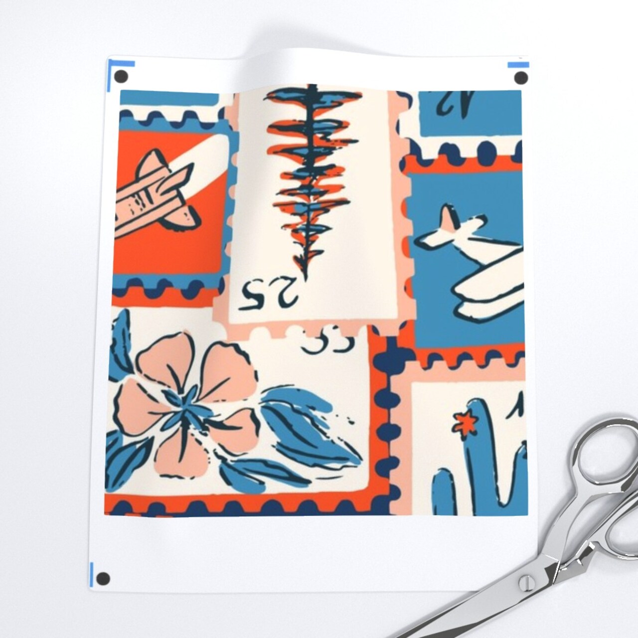 Vintage Retro Novelty Mail Stamps Letters Postage Eclectic Stamp Collection Red And Blue Writing Flowers Train Plane Birds Boats Unique Custom Printed Fabric by Spoonflower Various Fabrics by the Yard or Fat Quarter